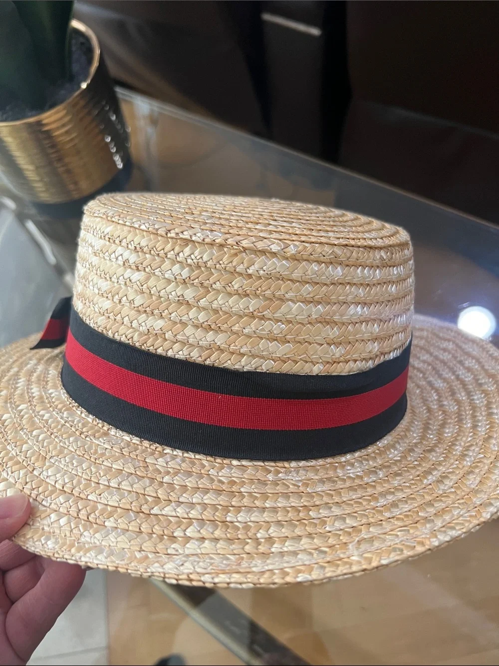Men's Straw Boater Hat with Black and Red Ribbon